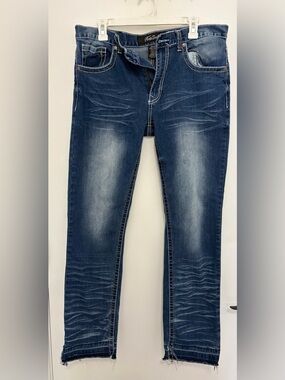 True luck Men's Straight Jeans in Washed Dark Blue